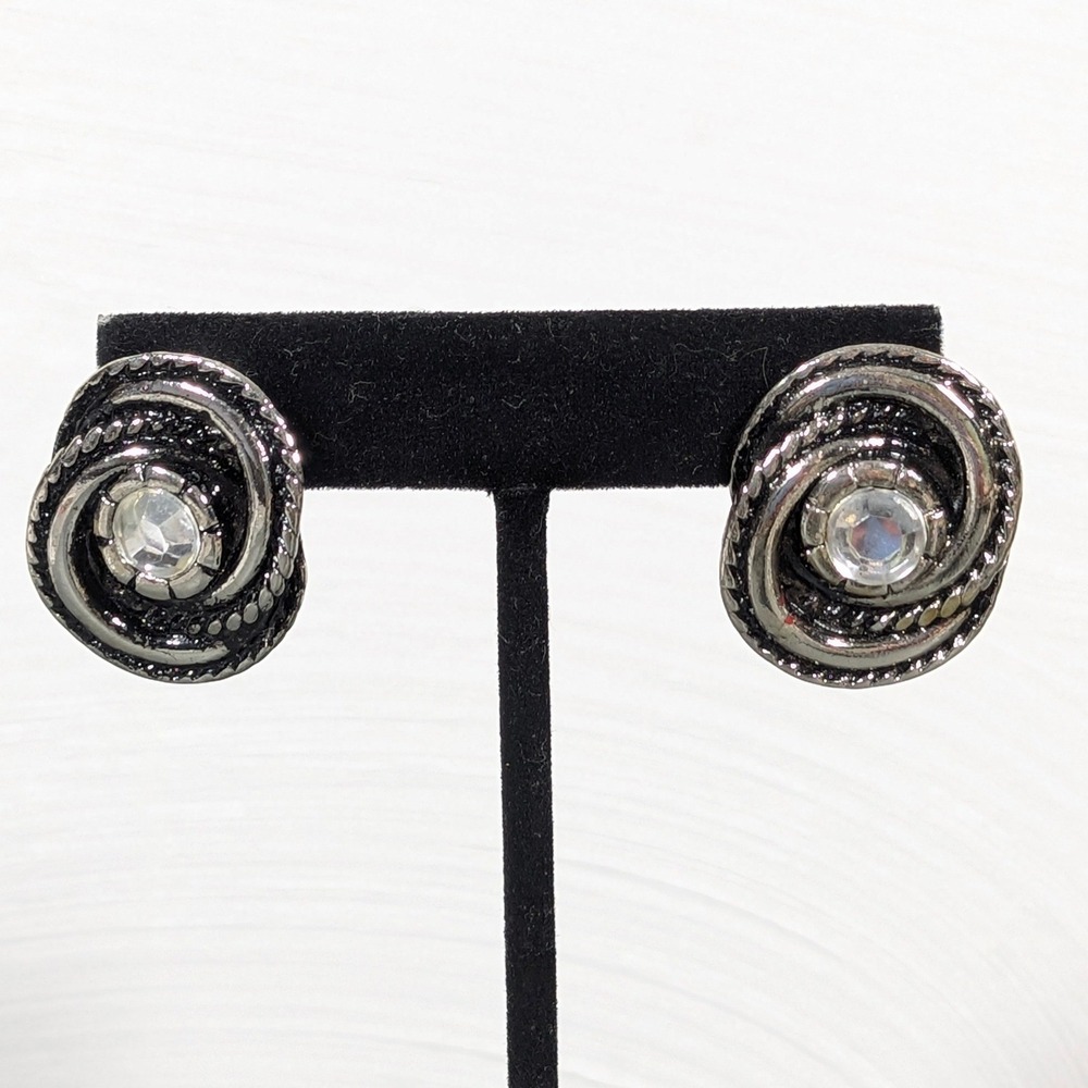 Distressed Silver Tone Love Knot Swirl Earrings Industrial Textured Rhinestoneā